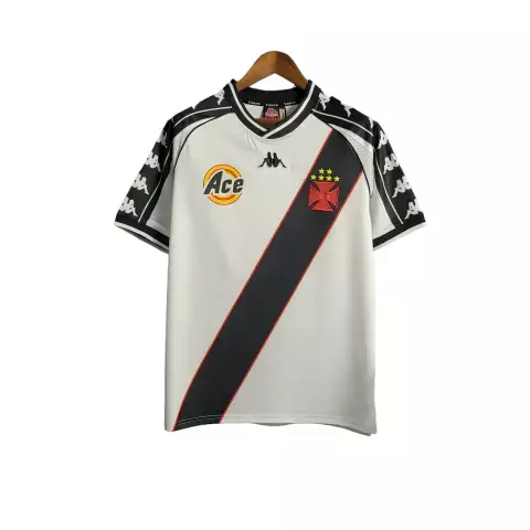Camisa Vasco da Gama I Retrô 2000 - Kappa Torcedor Masculina - Branca com a faixa em preto e detalhes em amarelo e vermelho
