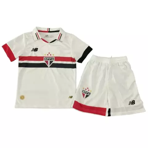 Kit infantil São Paulo I Home 24/25 da New Balance branco com camisa e shorts