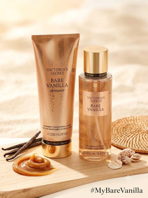 Kit Victoria’s Secret Bare Vanilla Shimmer – Fragrance Mist 250ml + Loção 236ml
