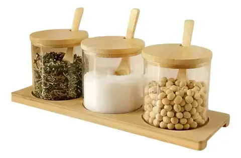 Set x3 Frascos de Vidrio con Base/tapa y Cucharas de Bambú