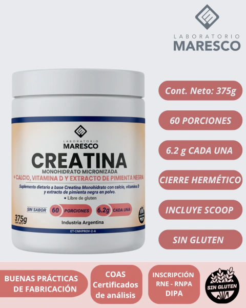 CREATINA MONOHIDRATO + CALCIO + VITAMINA D + PIPERINA | 375 gr 60 Porciones | LIBRE DE GLUTEN