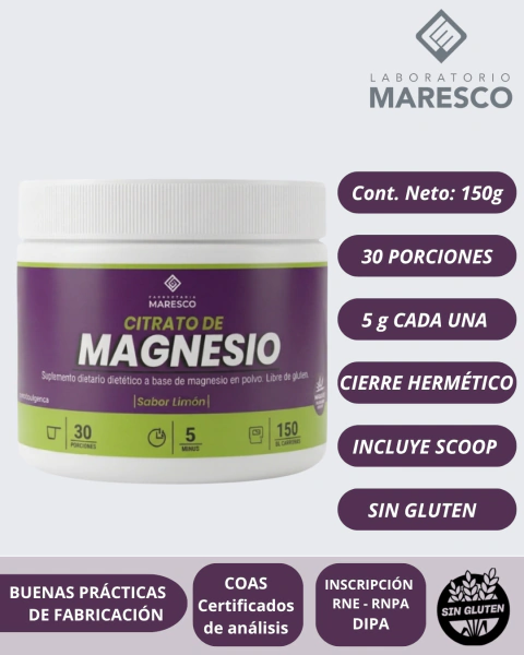 CITRATO DE MAGNESIO SABOR LIMÓN | 150 gr 30 Porciones | LIBRE DE GLUTEN