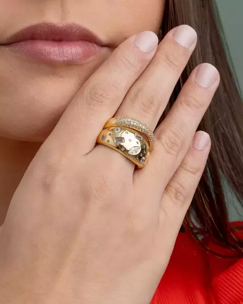 Anel Duplo com Pedras, Cravejados com Zircônia - Banhado a Ouro 18K