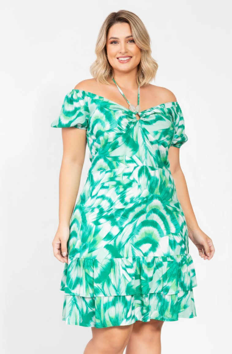 Vestido Feminino Curto Estampado Verde Ciganinha com Mangas – Viscose Leve | Hipotese Moda
