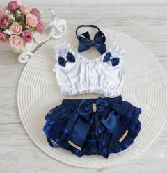 Conjunto Top Liso Luxo Branco e Azul