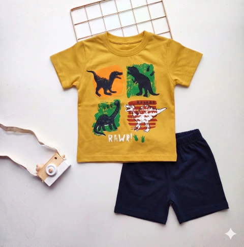 Conjunto Infantil Masculino Camiseta Mostarda Dinossauros e Short Moletinho Azul