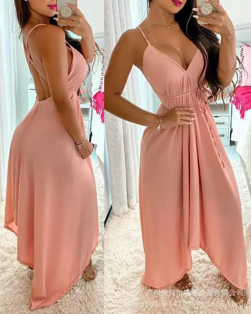 Vestidos femininos 2025 verão nova cor sólida com decote em v rendas sem manga
