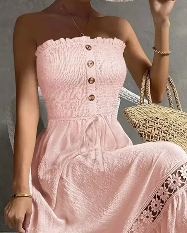 Vestidos de férias verão bandeau shirred renda remendo maxi vestido 2025 novo