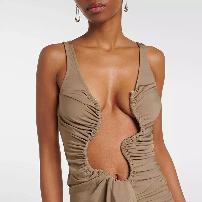 Moda feminina roupas 2025 primavera sexy profundo decote em v oco plissado magro