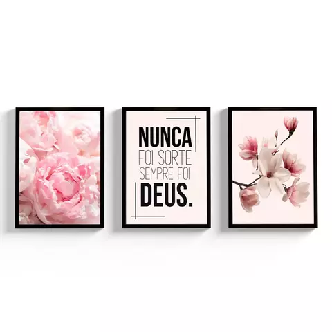 Quadro Decorativo Floral Moldura Vidro Frase Nunca Foi Sorte