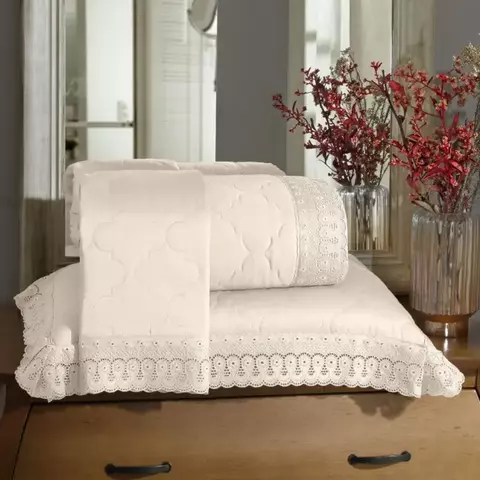 Kit Cobre Leito Queen Cristal c/Renda Renascença 100% Algodão 300 Fios Buettner - Pérola