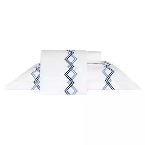 Jogo de Cama King Dobra Feita Bordado 200 Fios Andreza - Branco/Azul