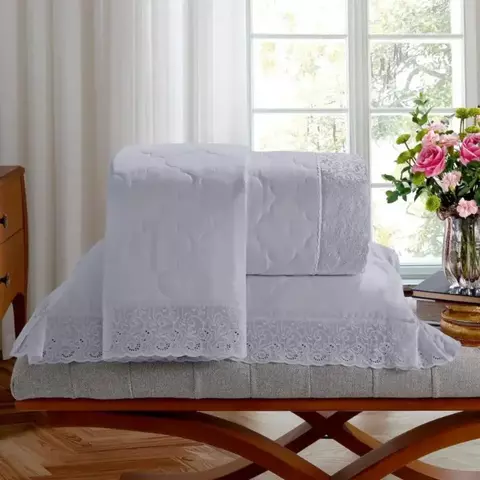 Kit Cobre Leito Queen 100% Algodão 300 Fios Clarys c/Renda Renascença Buettner - Cinza