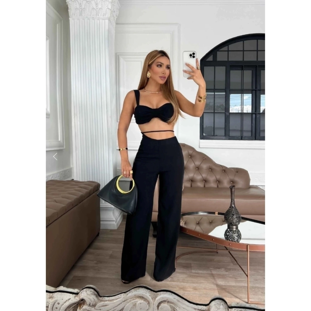 Conjunto Cropped Nó Frontal & Calça Pantalona Cintura Alta