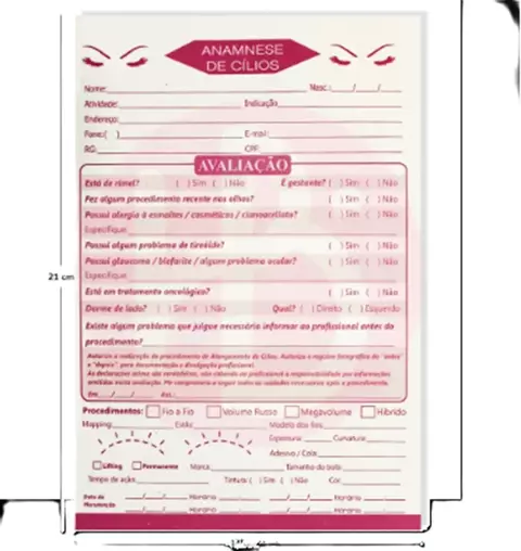 Ficha anamnese cílios 100 folhas