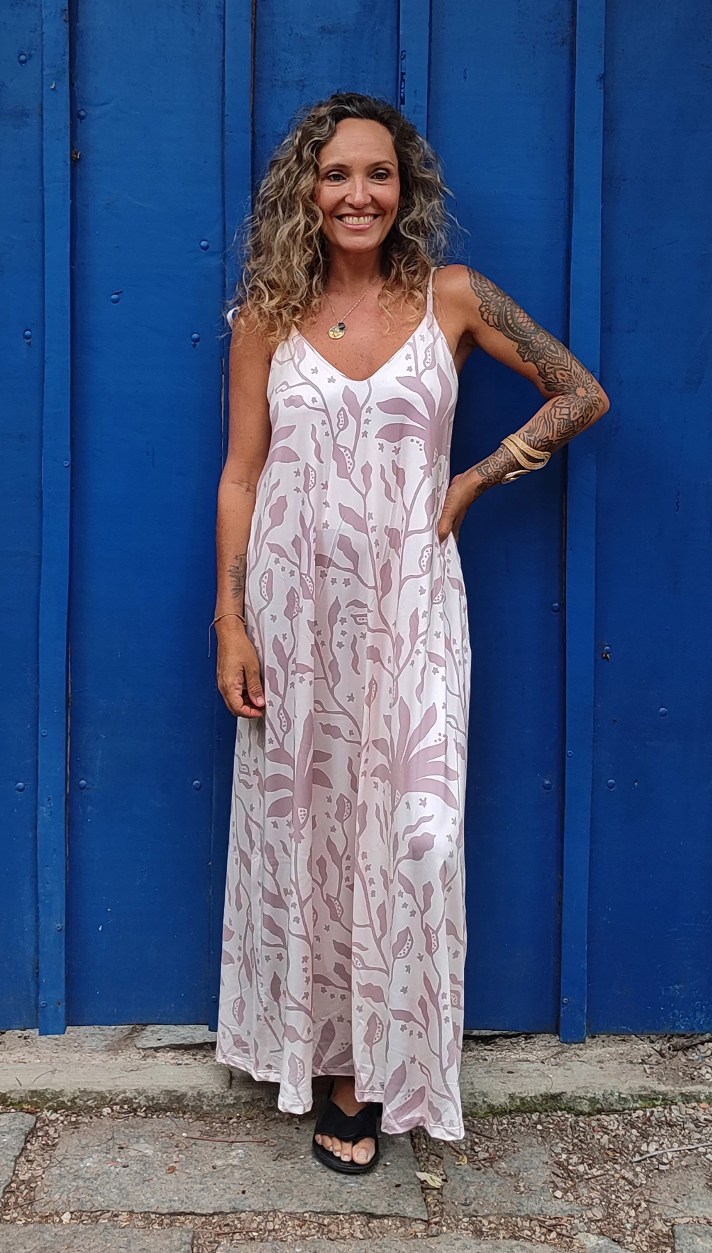 Vestido longo estampado Floral Bege