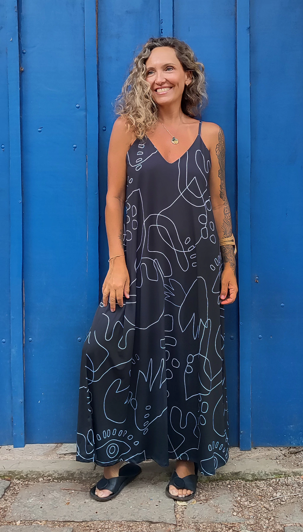 Vestido Longo Estampado Abstrato Preto