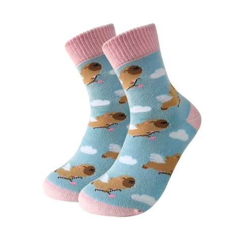 Meia Desenho Capivara Coração Fofa Grossa Cano Médio Atoalhada Fofa Divertida Estampada Buky
