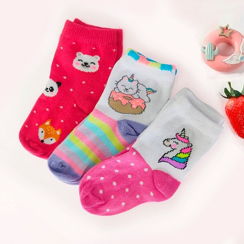 Kit 3 Pares Meias Menina Infantil ou Bebê ALGODÃO Estampada Fofas Unicórnio Bichinhos BUKY