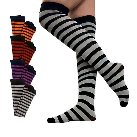 Meia 5/8 Listrada Alta Até o Joelho Colorida Listras Pretas Meias Longa Centopé Cosplay Rock Fantasia Feminina 35 ao 39 - comprar online