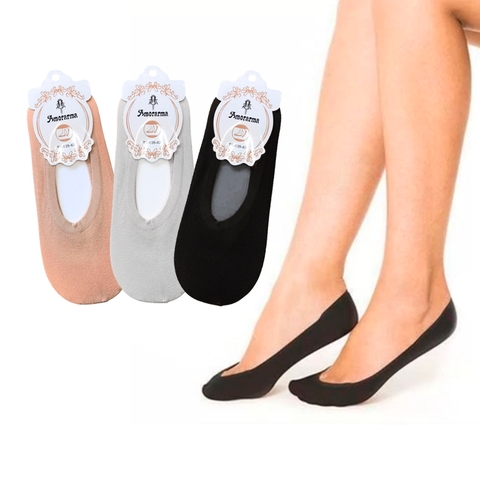 Kit 3 Pares Meia Invisivel Fio 40 Soquete com Antiderrapante Sapatilha Fina Meias Femininas