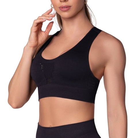 Top Fitness Poliamida com Furinhos Respiráveis Sem Costura Preto Selene - comprar online