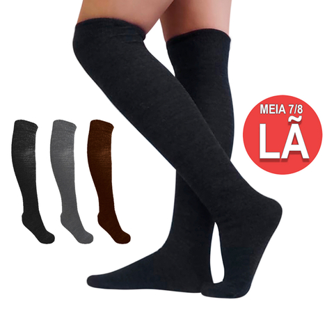 Meia de LÃ 5/8 Alta com Punho Preta Cinza Chumbo Inverno Frio 34-39 Quente Unissex - comprar online