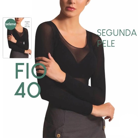 Blusa Segunda Pele Camisete Manga Longa Transparente Fio 40 Gola Redonda