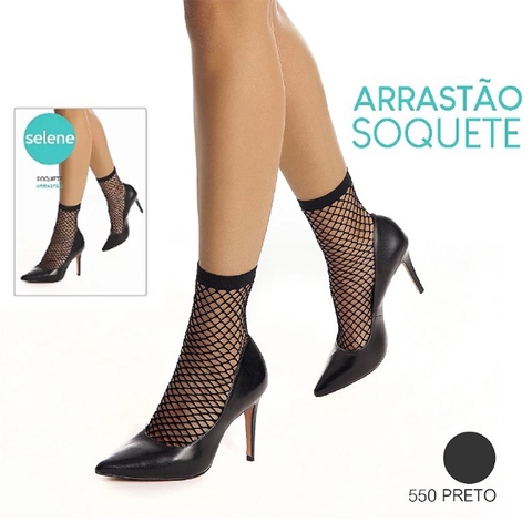 Meia Soquete Arrastão SELENE Preto Telada com Punho Cano Médio - comprar online