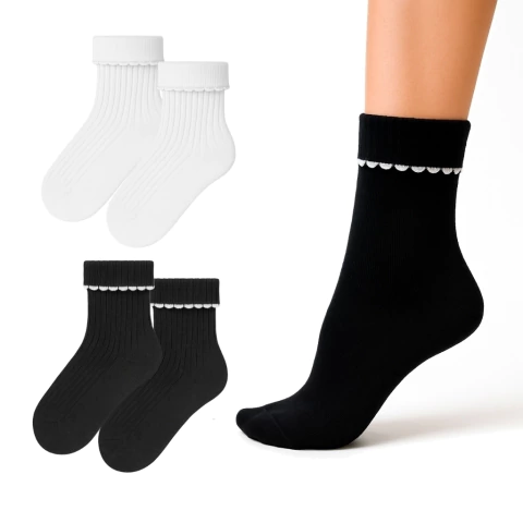 2 Pares Meias de Algodão Canelado Cano Médio com Dobra Feminina 34 a 39 Buky