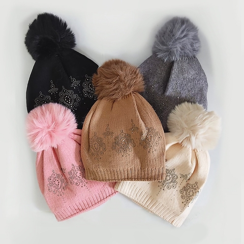 Touca Gorro com Strass e Pompom Forrado Inverno Quentinho Fashion Feminino Adulto Juvenil