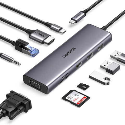 Hub USB C Adaptador Ugreen 10 en 1 Con Puertos de datos USB-C PD 100W USB-A 4K 60Hz HDMI VGA RJ45 MicroSD Audio 3.5mm CM498 15601 - comprar online