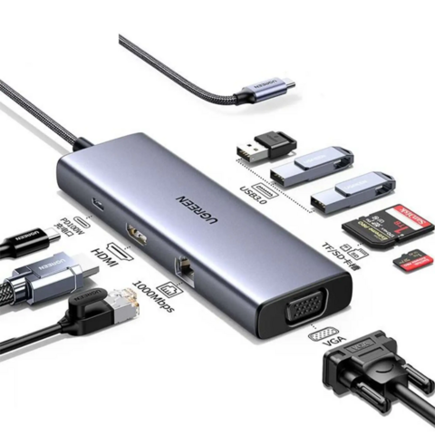 Hub USB C Adaptador Ugreen 9 en 1 Con Puertos de datos USB-C PD 100W USB-A 4K 60Hz HDMI VGA RJ45 MicroSD CM498 15600 - comprar online