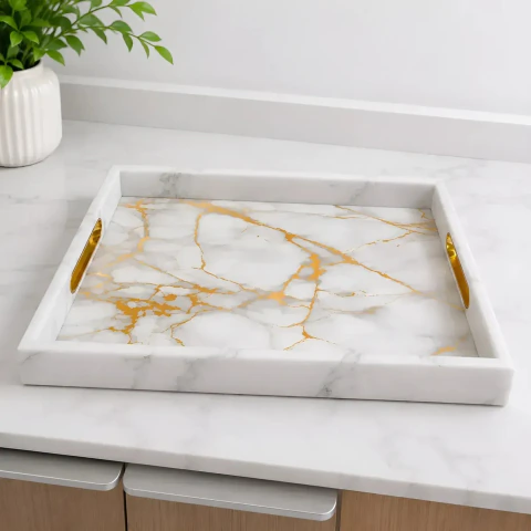 Bandeja Mármore com alça dourada decorativo abstrato Para Mesa Cozinha Quarto Cantinho do café - loja online