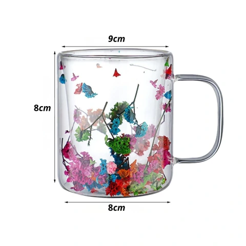 Caneca COLORS parede dupla 110ml - Xícara de Vidro Borossilicato com Flores Secas para Café Chá