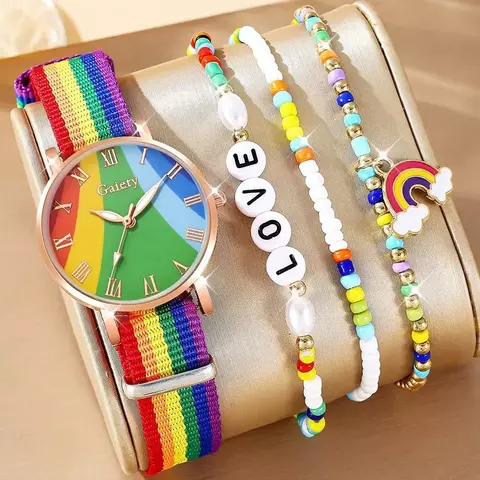 Conjunto de Relógio Moderno Unissex. 4 Peças com Conjunto de Pulseiras