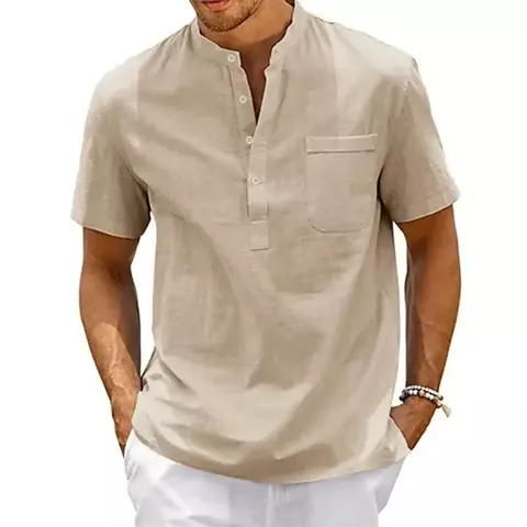 Camisa Henley Masculina de Algodão e Linho – Casual, Manga Curta, Streetwear Vintage - comprar online