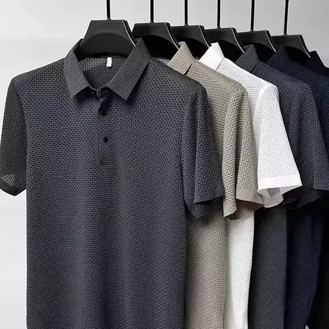 Verão novo masculino lop-up oco de manga curta polo camiseta de seda gelo passei