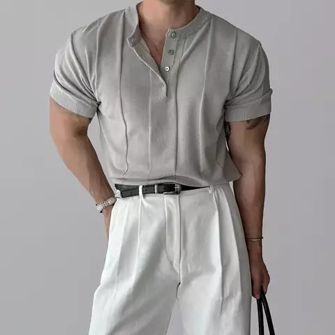 Nova moda masculina henry colarinho camiseta lazer luxo malha manga curta topos