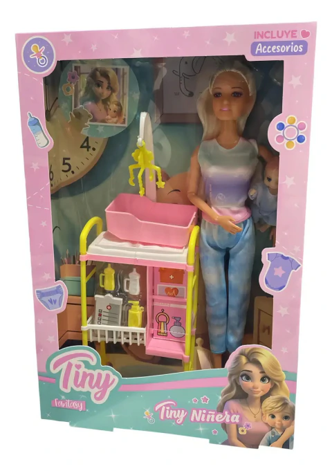Muñeca Tiny Niñera Articulada con Bebé y Accesorios