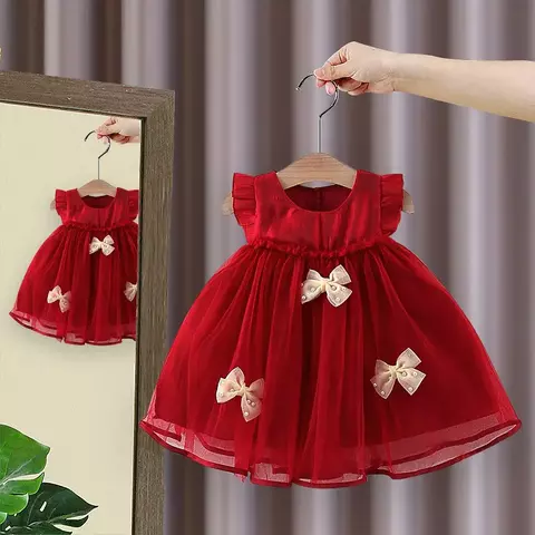 Vestido de princesa com manga voadora, vestido com laços