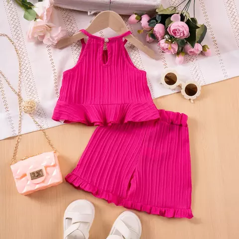 Conjuntos moda de verão para meninas sem mangas com babados regata