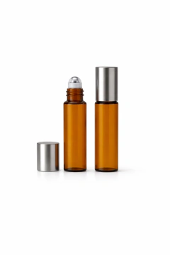 FRASCO DE VIDRO ROLL ON 5 ML AMBAR COM TAMPA PRATA