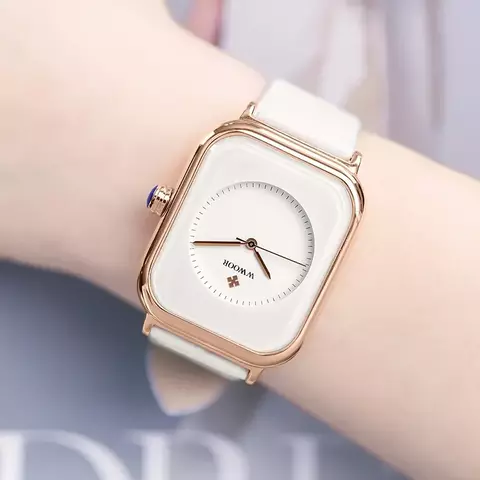 WWOOR-Relógio minimalista de quartzo retangular feminino, couro branco, relógi