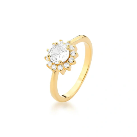 Anel com Cristal Redondo e Contorno de Zircônias Banhado a Ouro
