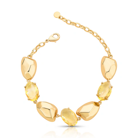 Pulseira com Cristais Ovais e Elementos Esculturais Banhada a Ouro