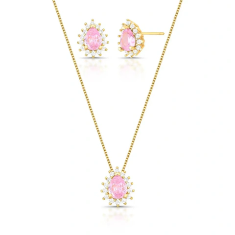 Conjunto Colar e Brinco com Cristal Gota Rosa e Halo de Zircônias Banhado a Ouro