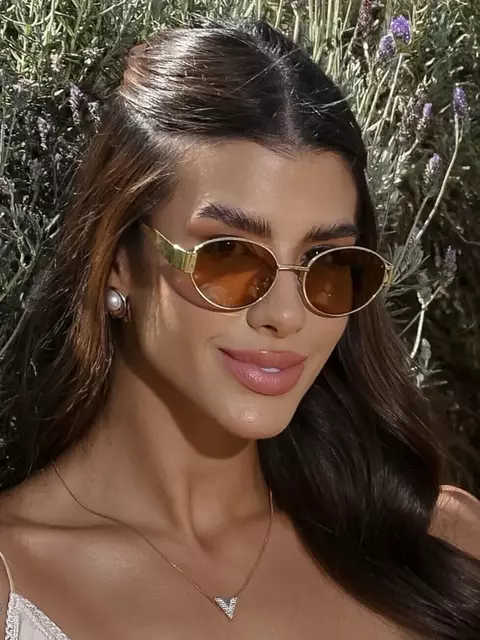 Óculos de Sol Unissex Oval Fluense - Laranja/ Dourado Preto- Metal - comprar online