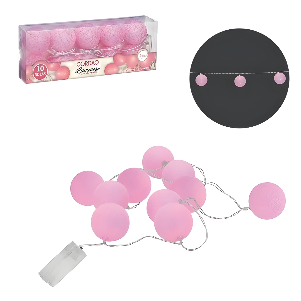 Cordão de Luz Decorativo 2 Metros com 10 Bolas LED (Alimentado por Pilha)
