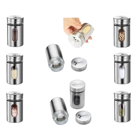 Kit 10 Porta-Condimentos 100 ml em Vidro e Inox c/ Tampa 3 Regulagens